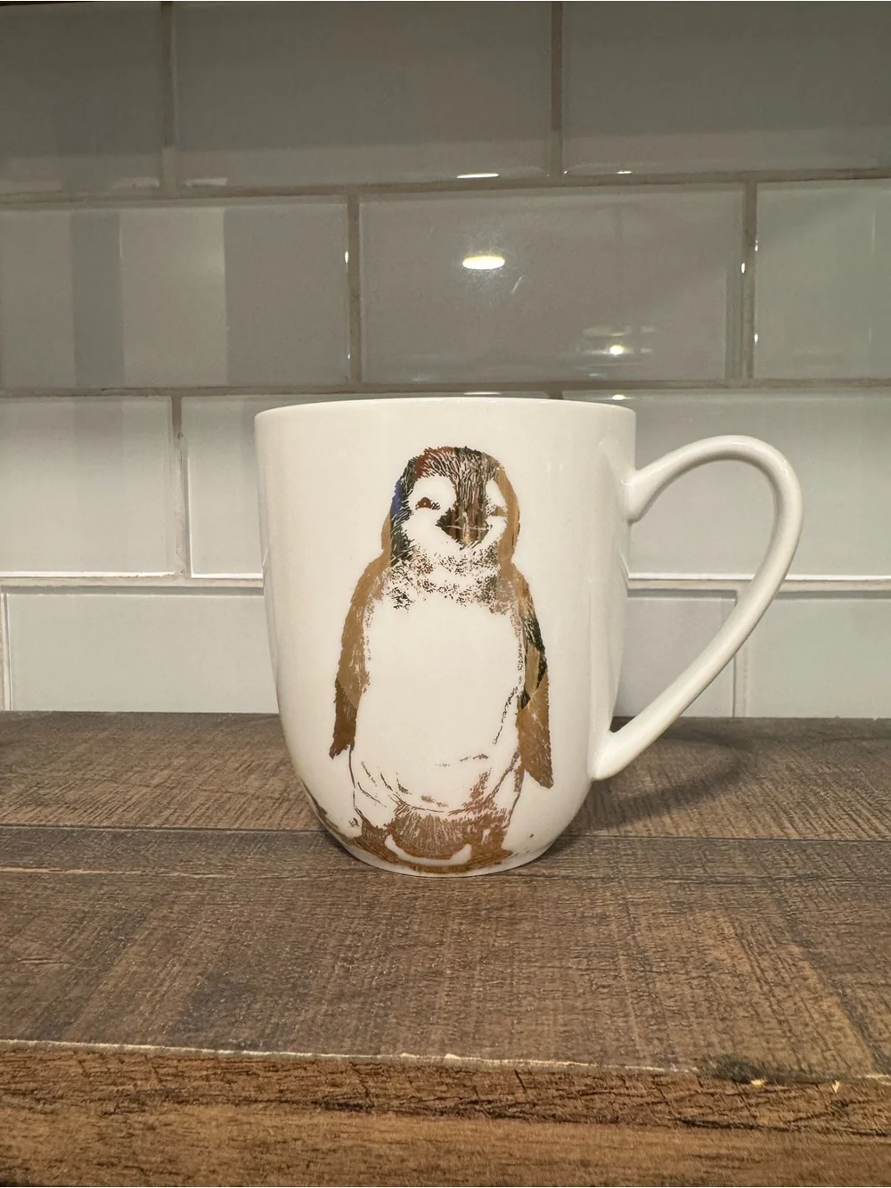 Pier 1 Gold Penguin Print on White Porcelain Coffee Mug - Set of 4